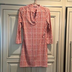 Ellie Kai coral print midi dress with side ruching and 3/4 sleeves - flattering